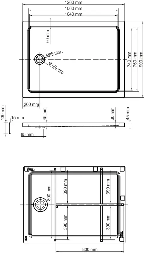 Габаритная схема Поддон для душа Wasserkraft Amper 29T07U 120x90 см