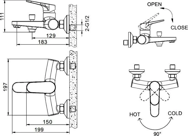 Габаритная схема Смеситель Bravat Eler F6191238CP-01-RUS для ванны с душем