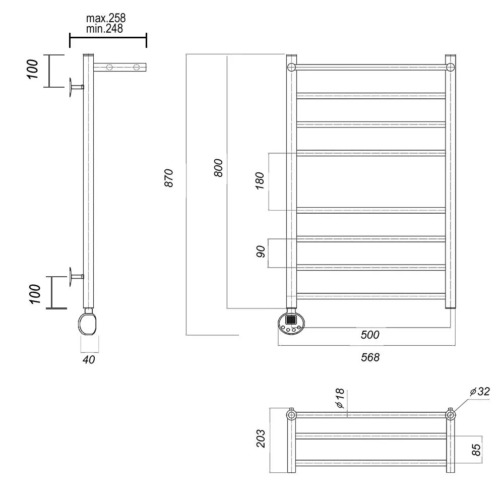 Габаритная схема Полотенцесушитель электрический Domoterm Медея 50x80 L с полкой