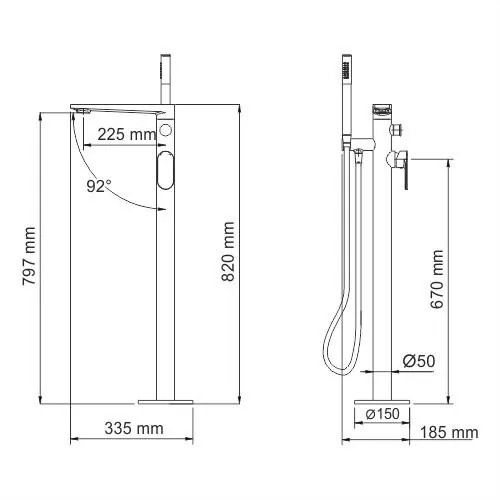 Габаритная схема Смеситель Wasserkraft Dinkel 5821 напольный, для ванны с душем