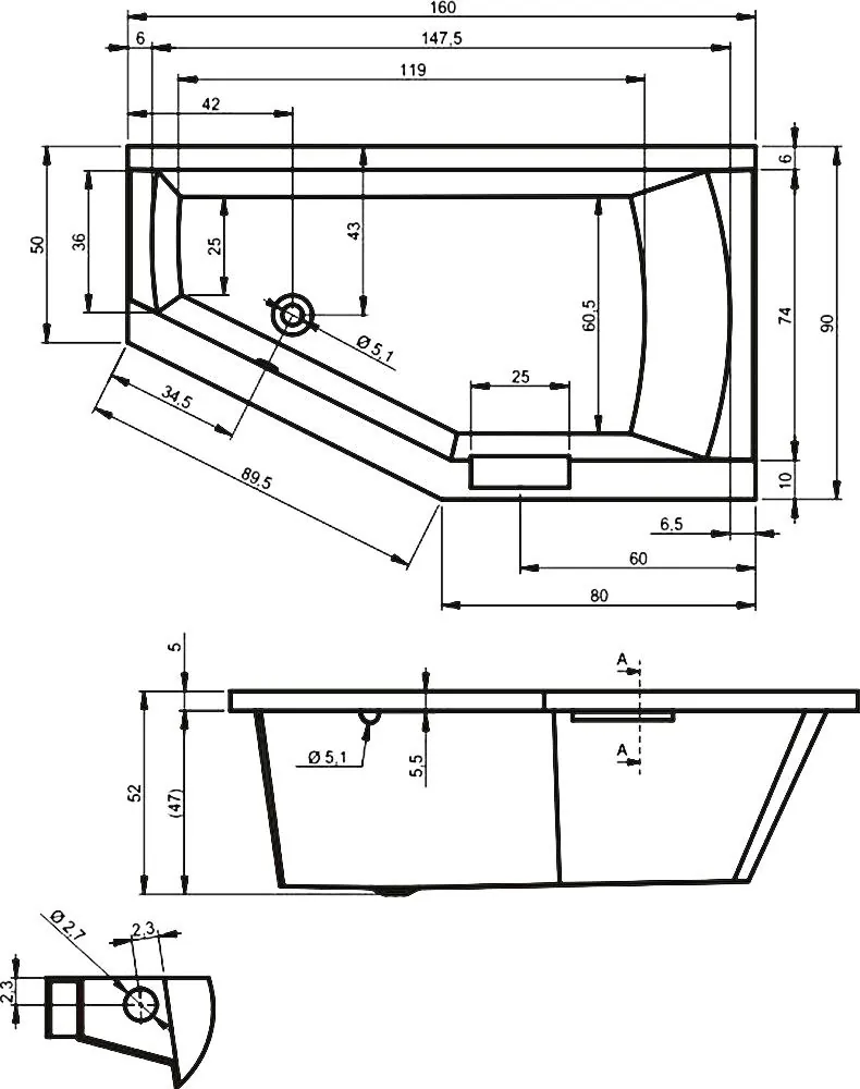 Габаритная схема Акриловая ванна Riho Geta 160x90 L