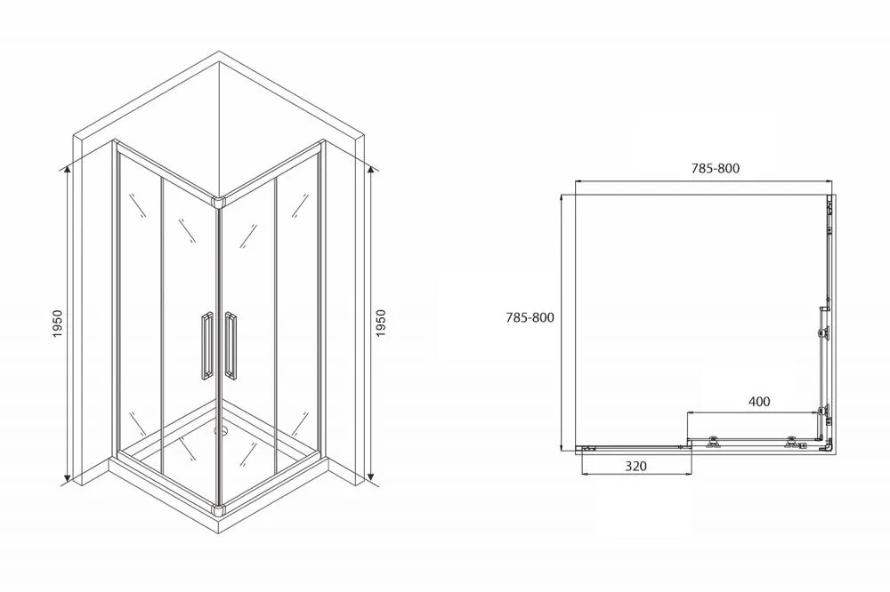 Габаритная схема Душевой уголок Abber Schwarzer Diamant AG02080BH 80x80
