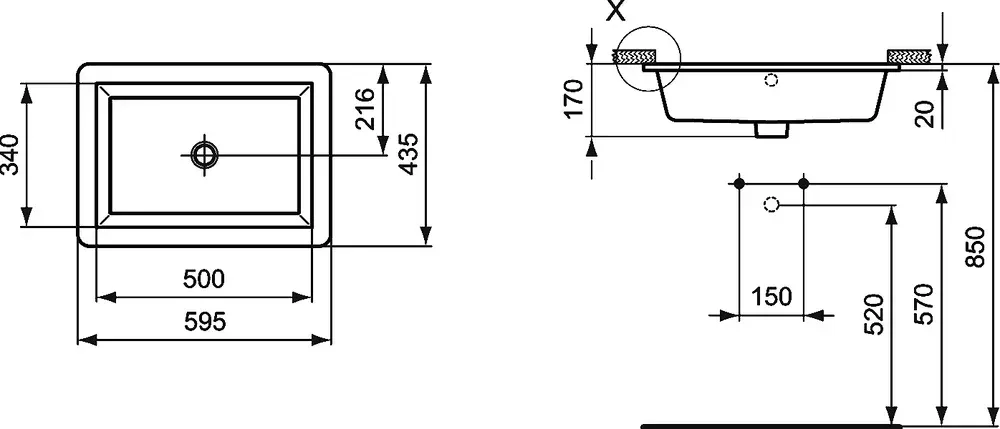 Габаритная схема Раковина Ideal Standard Strada K077901 60 см
