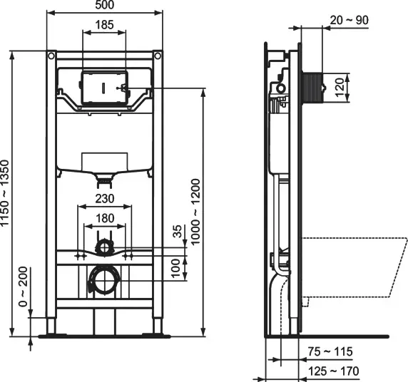 Габаритная схема Комплект Ideal Standard Tesi AquaBlade T386801 (подвесной унитаз + инсталляция + сиденье)
