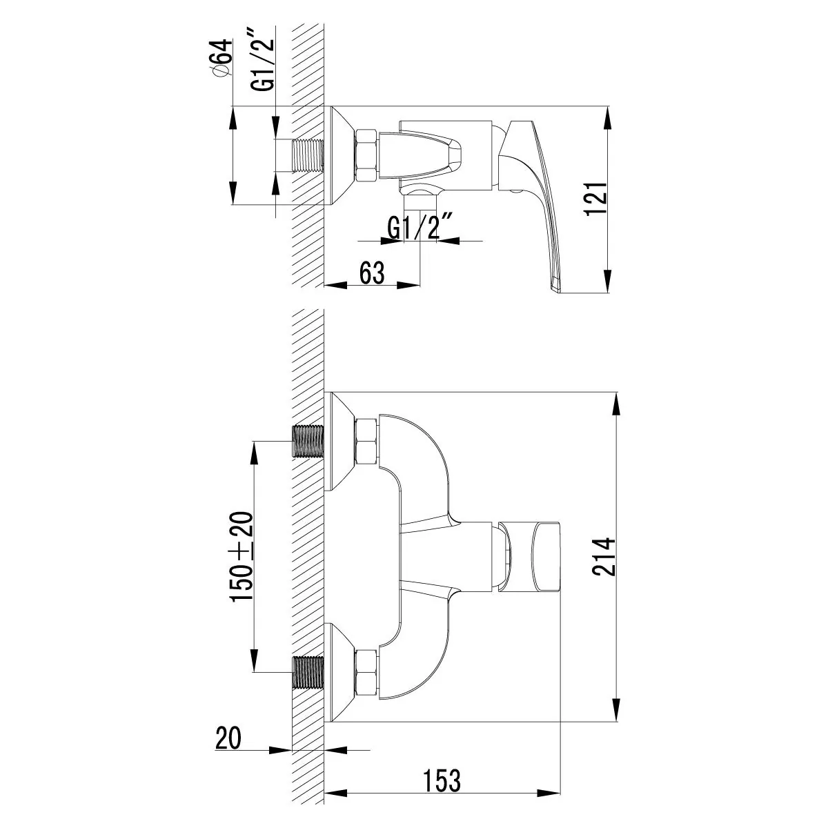 Габаритная схема Смеситель Lemark Plus Shape LM1703C для душа