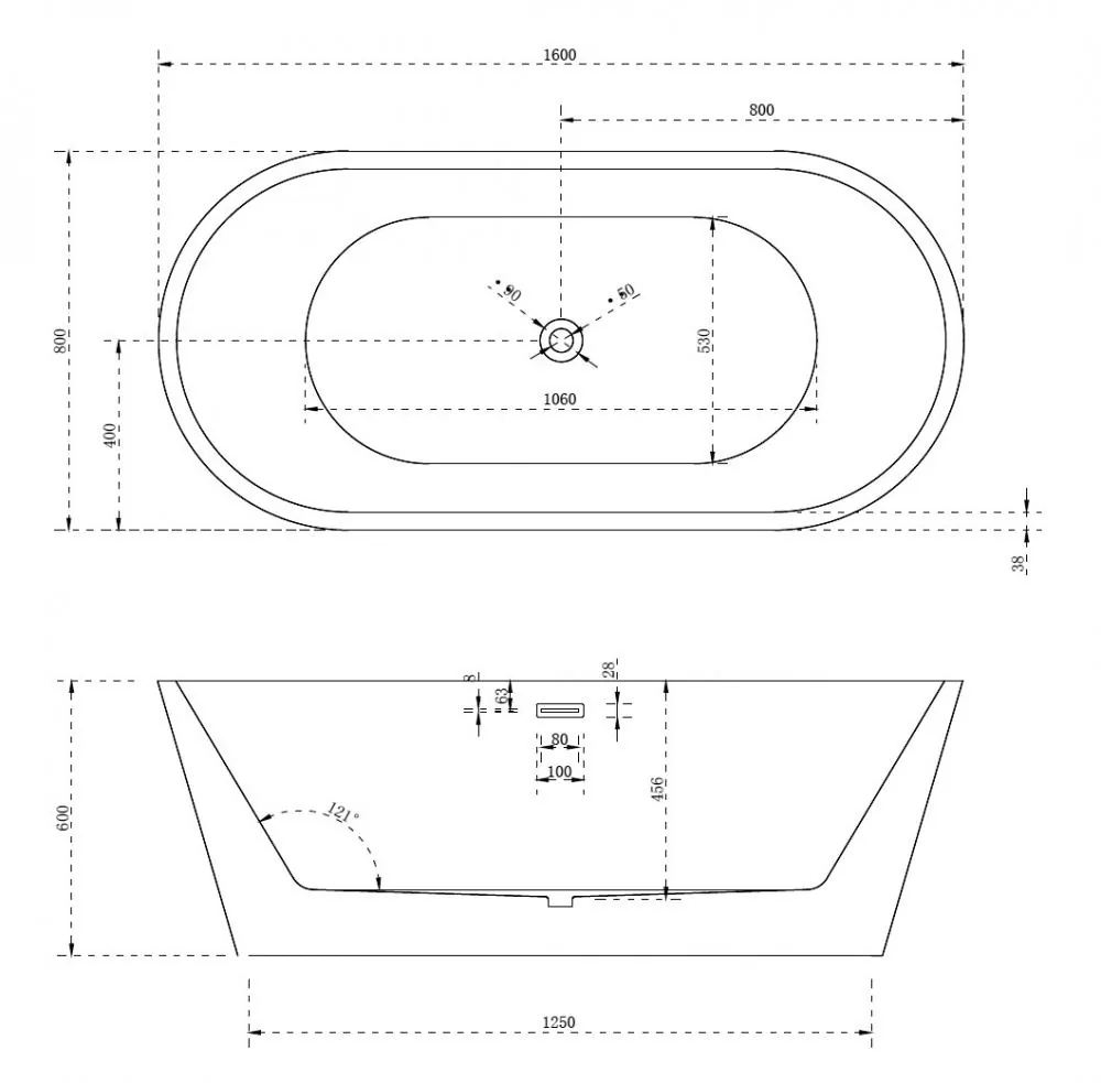Габаритная схема Акриловая ванна Abber AB9203-1.6 160х80