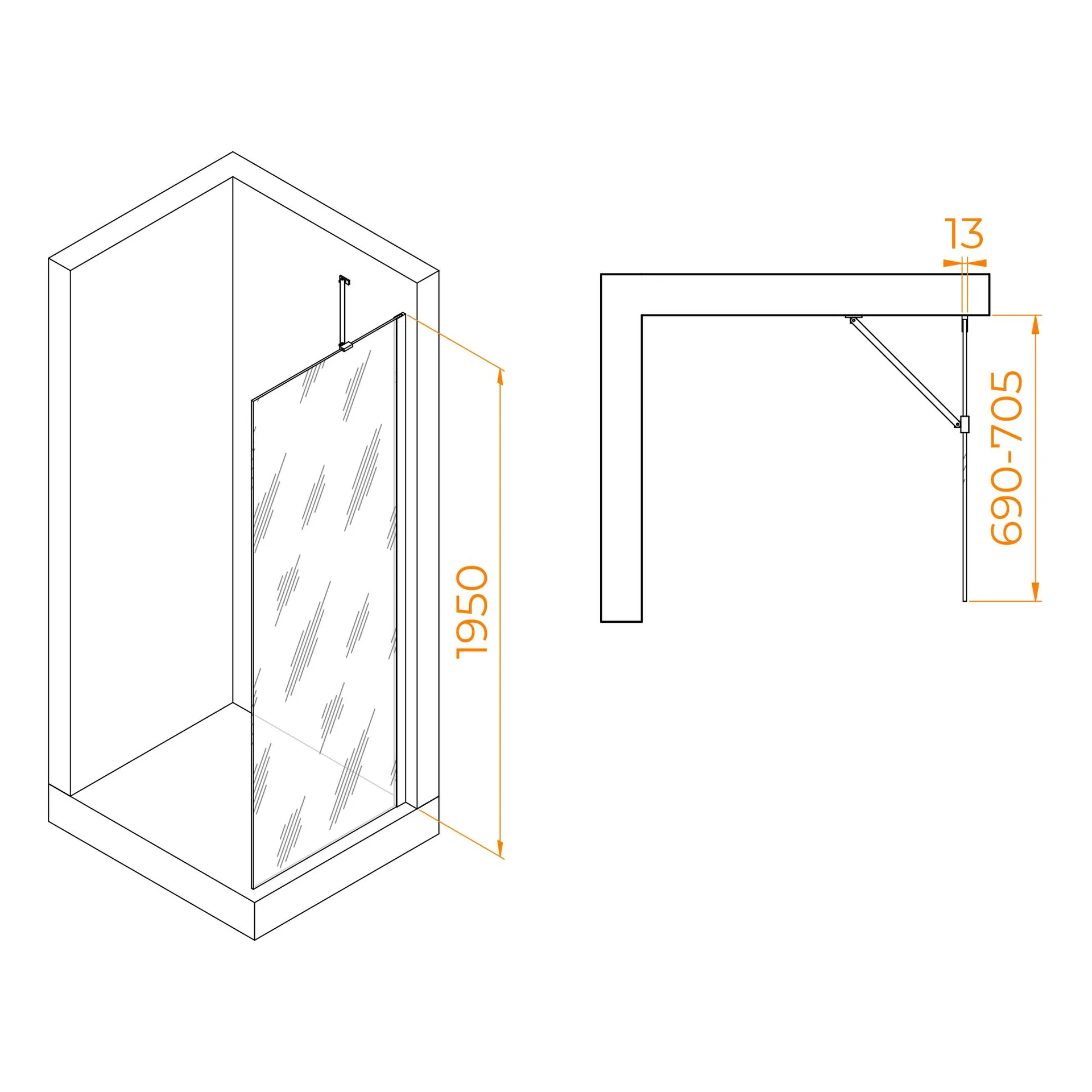 Габаритная схема Душевая перегородка RGW Walk In WA-110Gb 70 см