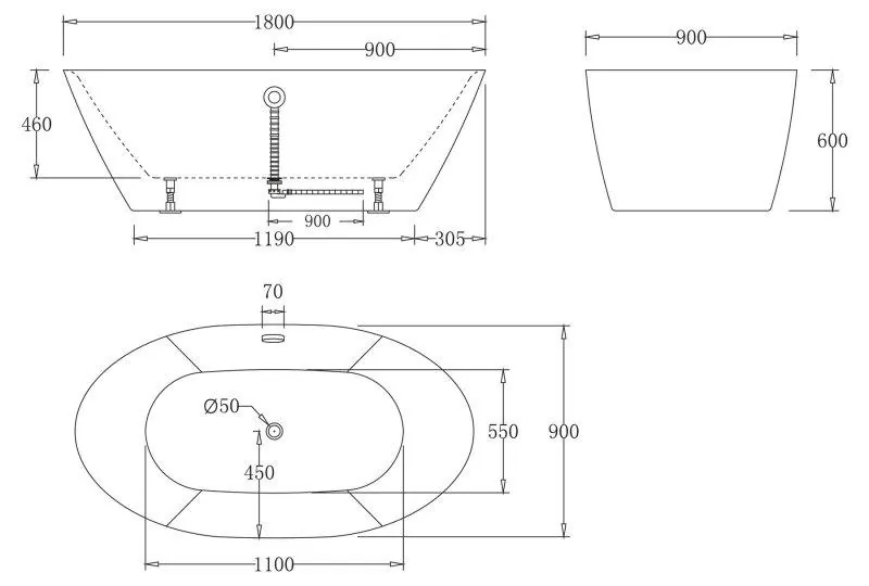 Габаритная схема Акриловая ванна BelBagno BB68-1800 180х90