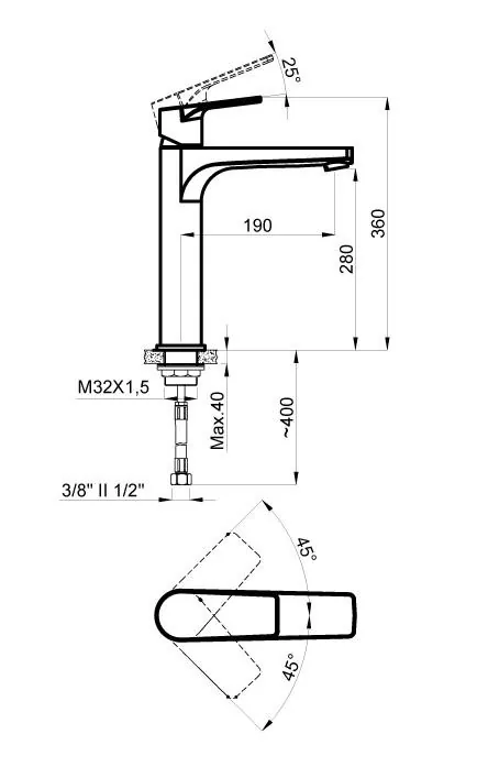 Габаритная схема Смеситель Azario Treya AZ15684551 для раковины