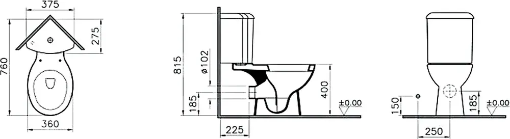 Габаритная схема Унитаз-компакт Vitra Arkitekt 9754B003-7201 с микролифтом
