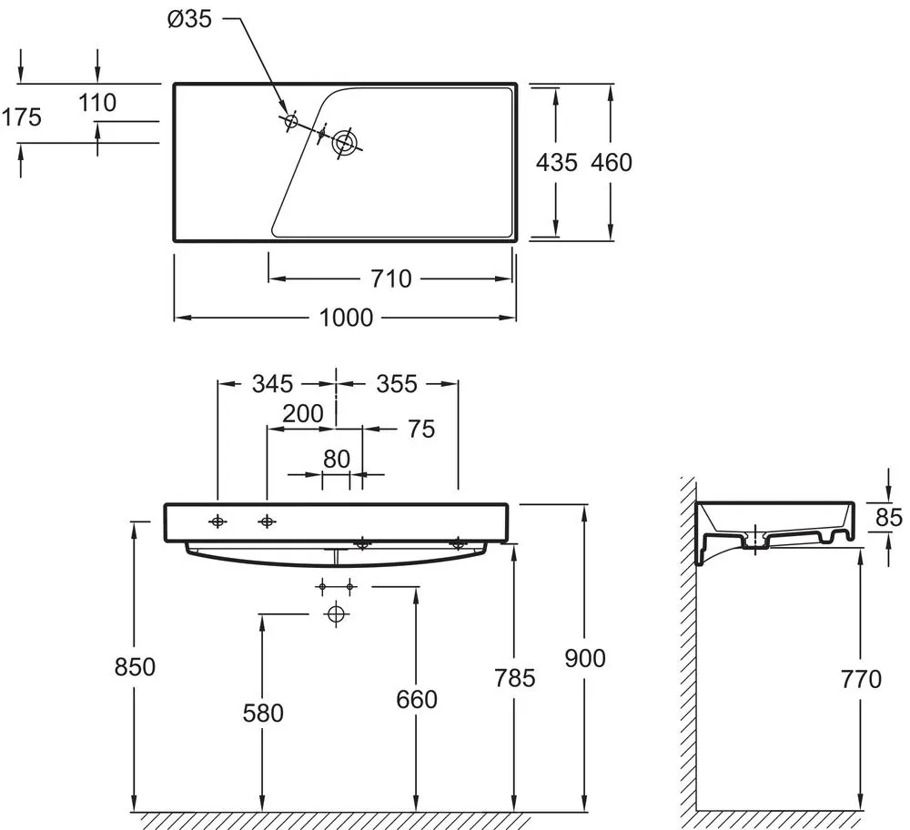 Габаритная схема Раковина Jacob Delafon Rythmik EXN112-00 100 см