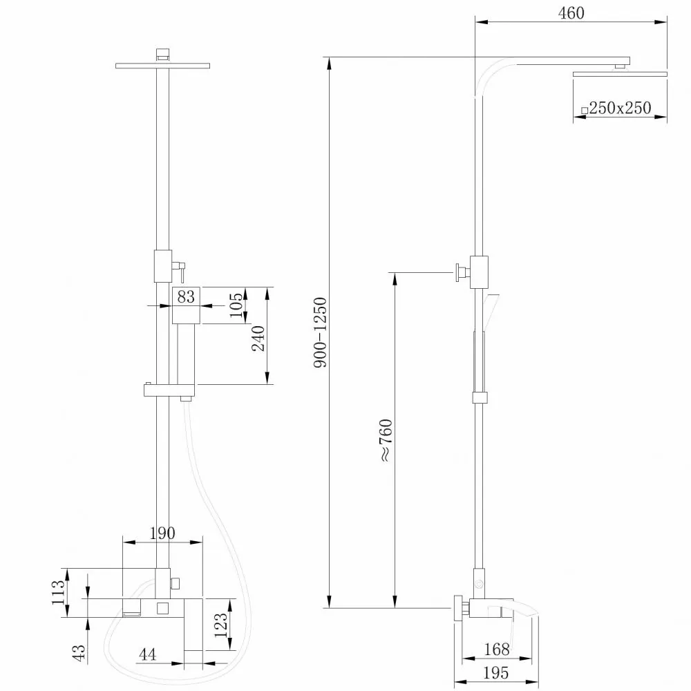 Габаритная схема Душевая стойка Abber Wasserfall AF8616G золото матовое