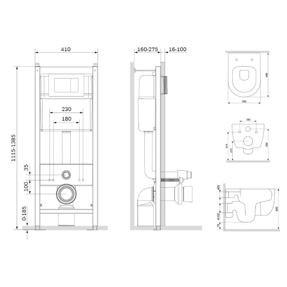 Габаритная схема Комплект Damixa Sirius DX86.IS10101.1700 кнопка смыва белая