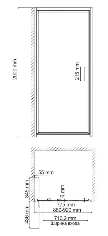 Габаритная схема Душевая дверь в нишу Wasserkraft Salm 27I04 90 см