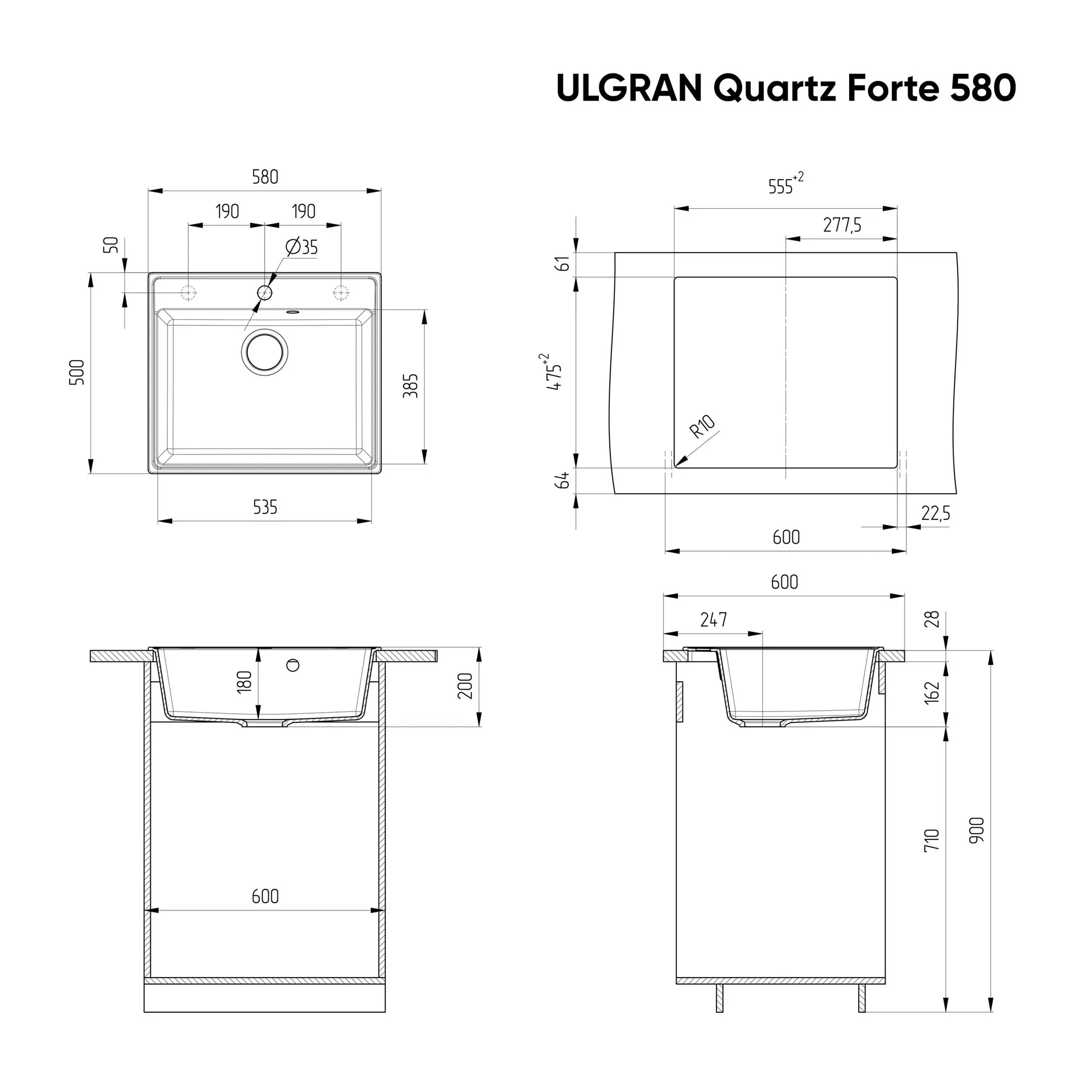 Габаритная схема Мойка кухонная Ulgran Quartz Forte 580-08 космос