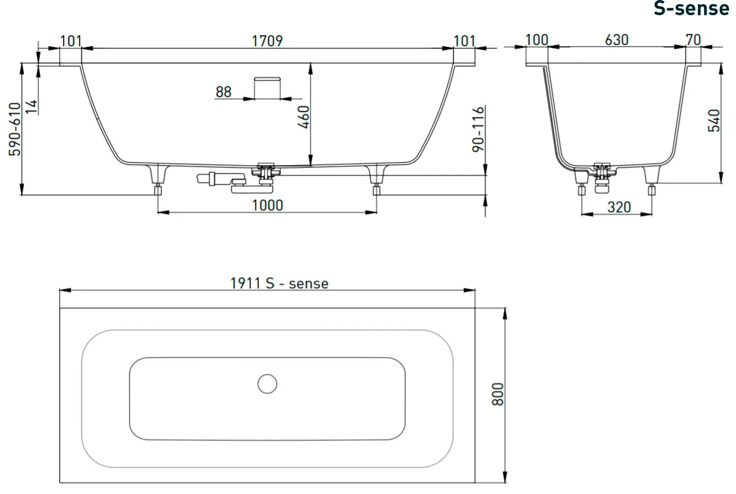 Габаритная схема Ванна из искусственного камня Salini Orlando Axis 103211G 190x80