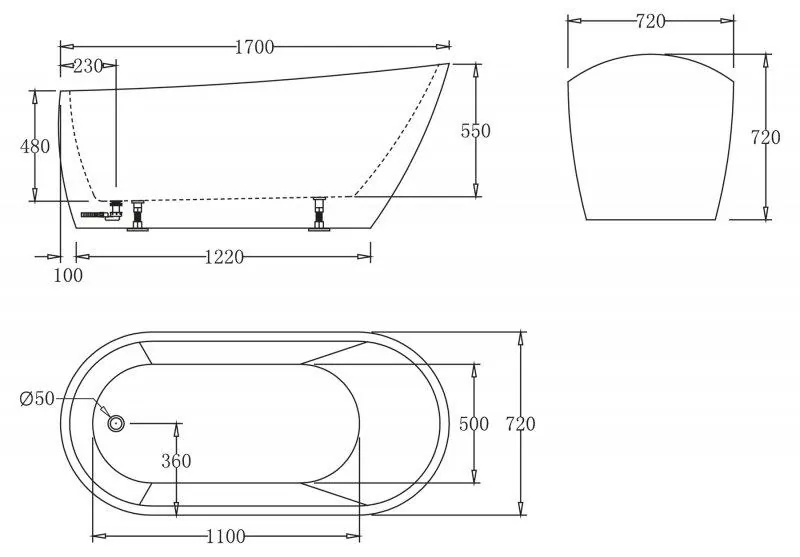 Габаритная схема Акриловая ванна BelBagno BB62-1700-W0 170х72
