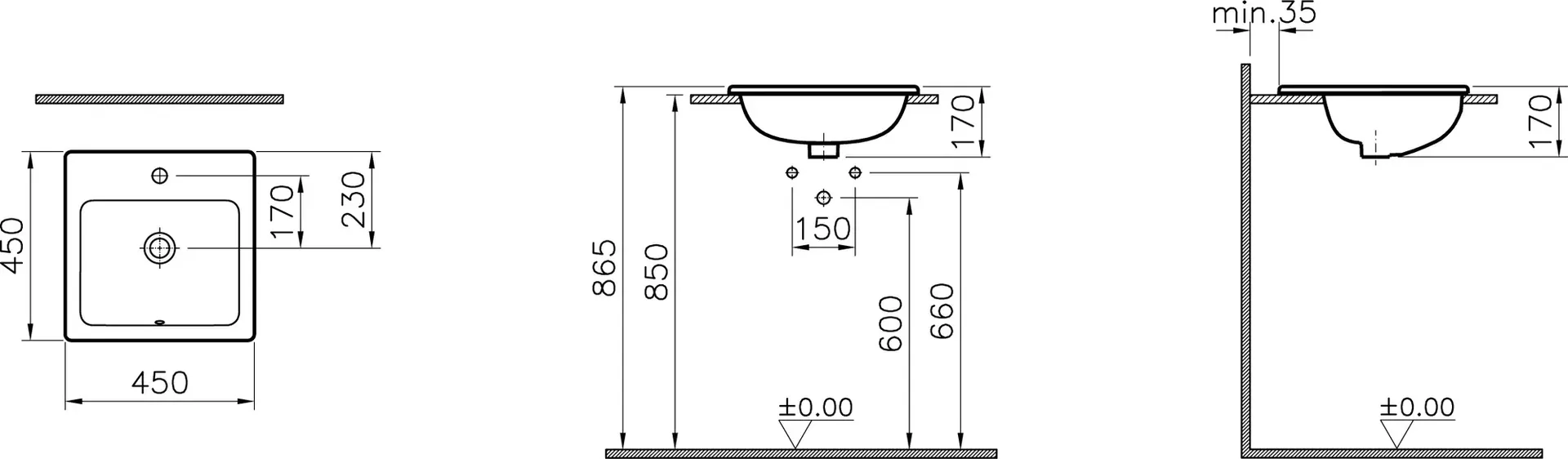 Габаритная схема Раковина Vitra S20 5463B003-0001 45 см