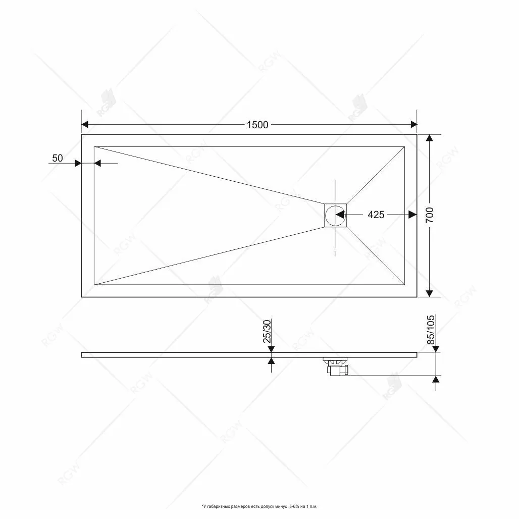 Габаритная схема Поддон для душа RGW Stone Tray ST-W 150х70