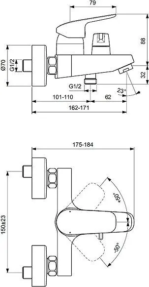 Габаритная схема Смеситель Ideal Standard Ceraflex B1740AA для ванны с душем