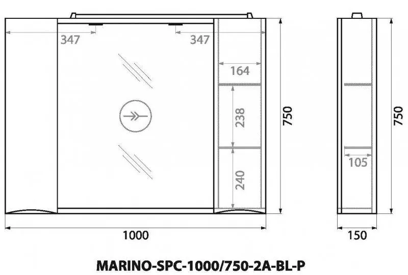 Габаритная схема Зеркало-шкаф BelBagno Marino SPC-1000/750-2A-BL-P
