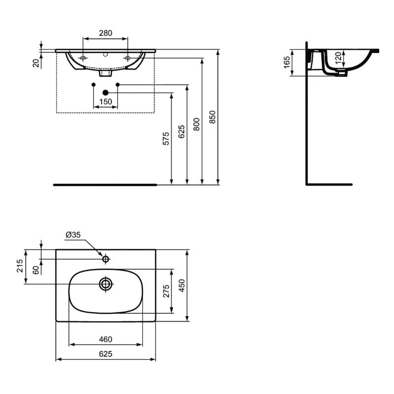Габаритная схема Раковина Ideal Standard Tesi T351001 60 см