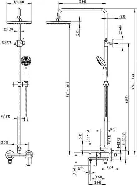 Габаритная схема Душевая стойка Bravat Opal F6125183CP-A3-RUS