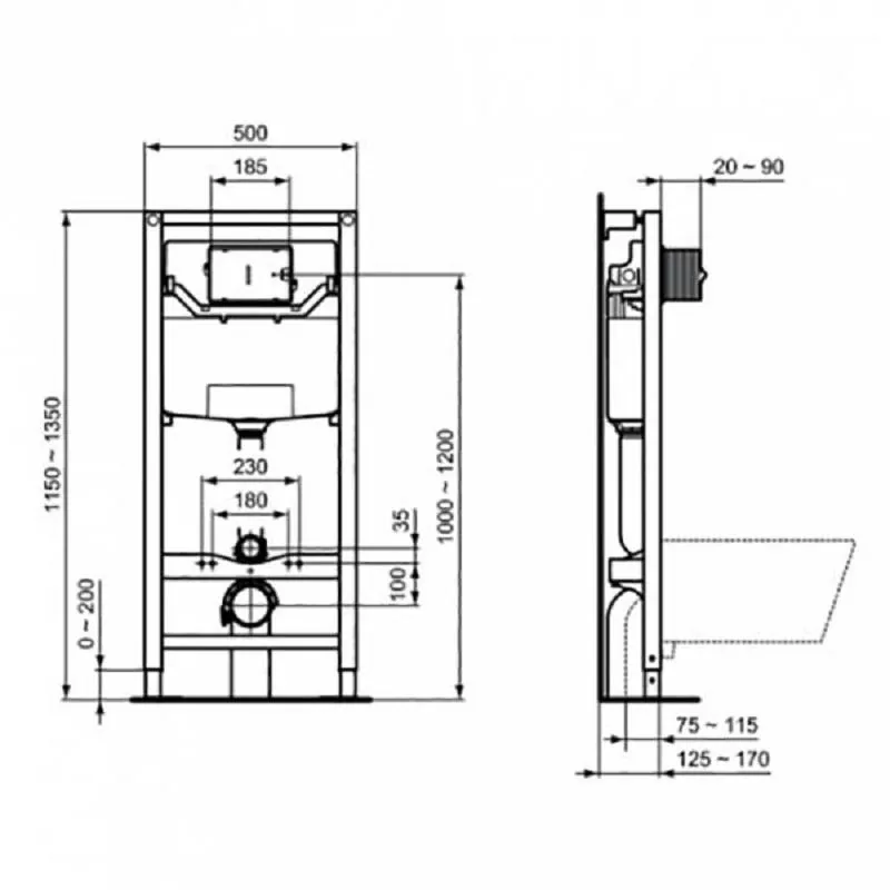 Габаритная схема Система инсталляции для унитазов Ideal Standard Prosys R0309AA