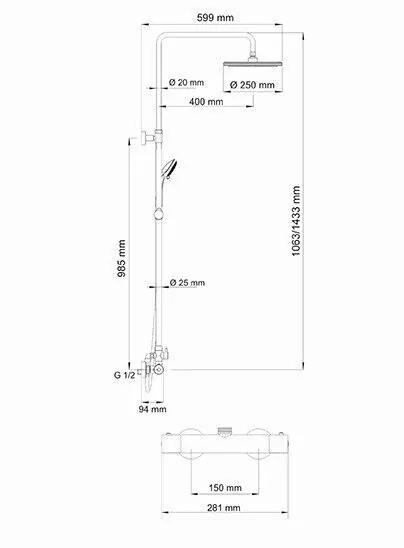 Габаритная схема Душевая стойка Wasserkraft A13302 Thermo