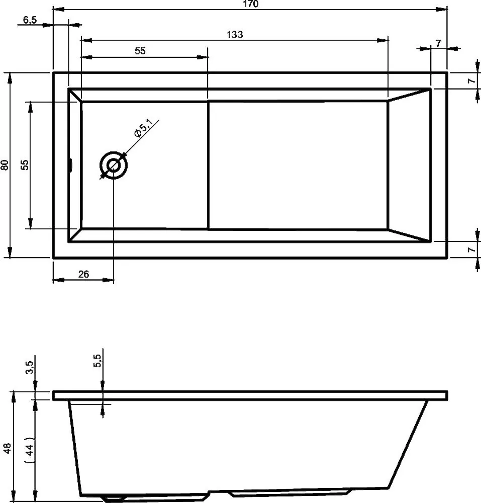 Габаритная схема Акриловая ванна Riho Lusso Plus 170x80