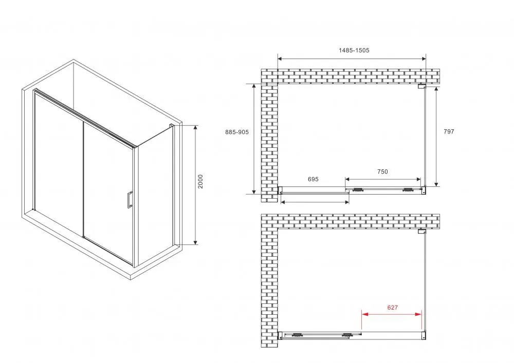 Габаритная схема Душевой уголок Abber Komfort AG93150B-S92B 150x90
