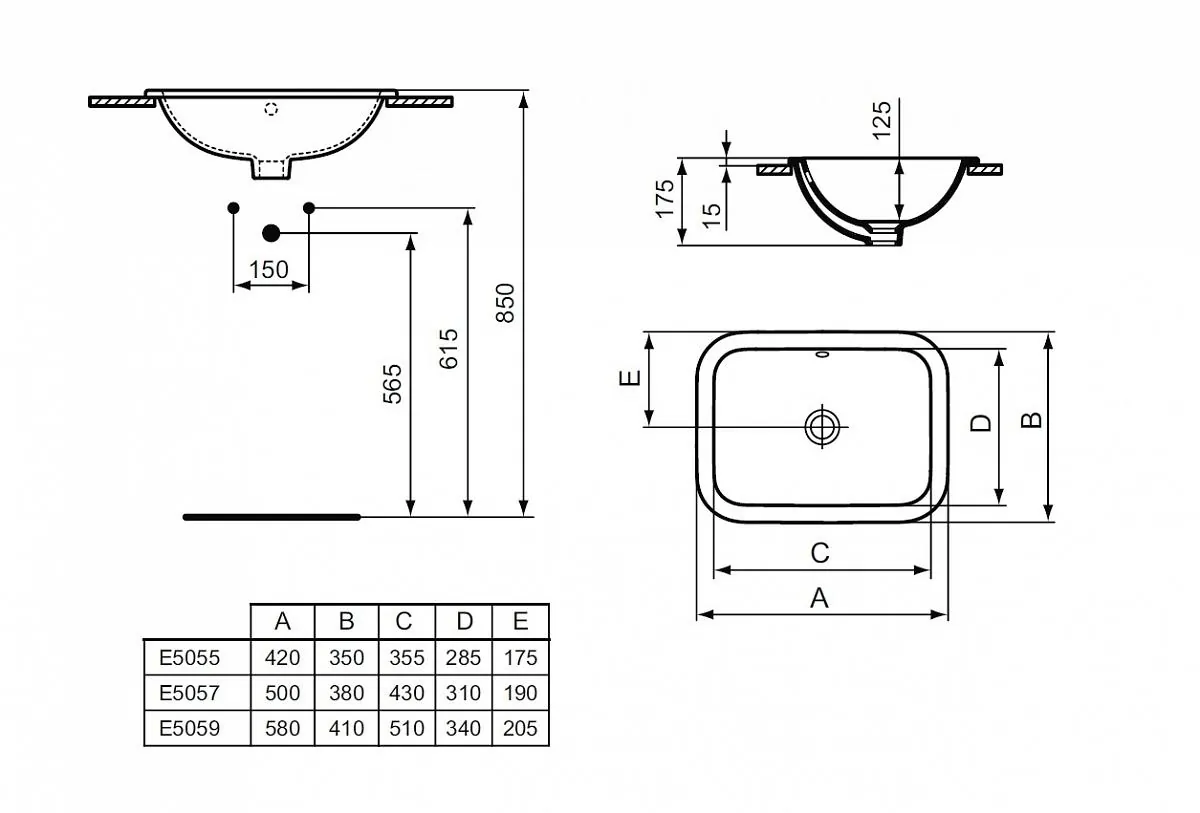 Габаритная схема Раковина Ideal Standard Connect E505901 60 см