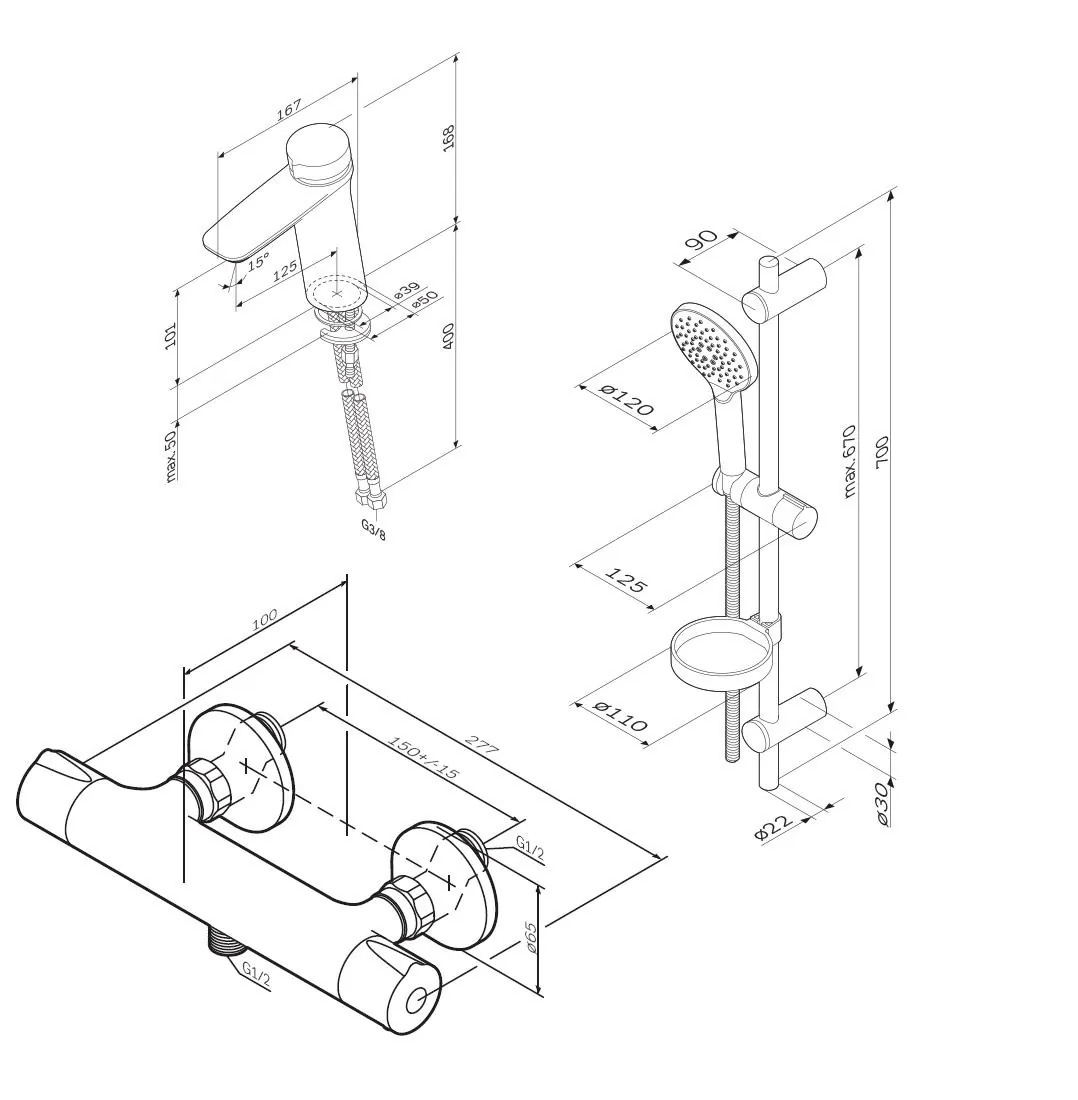 Габаритная схема Душевой комплект AM.PM Inspire V2.0 F40950A03