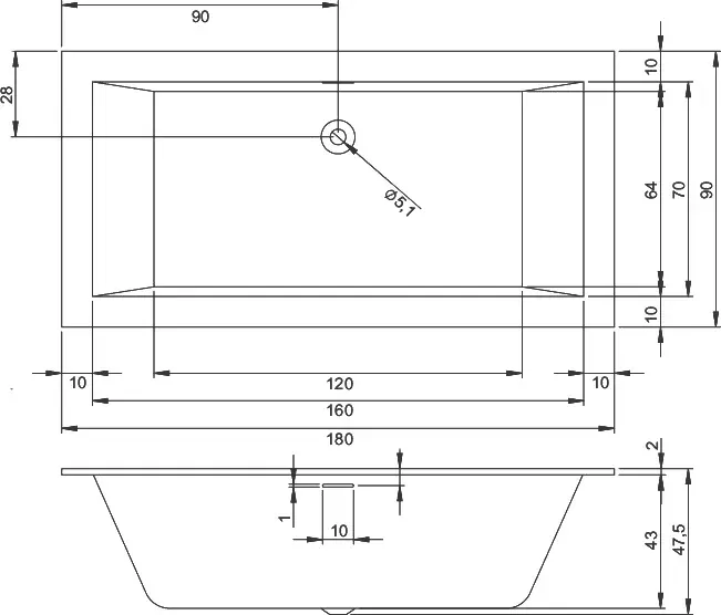 Габаритная схема Акриловая ванна Riho Rething Cubic 180х90
