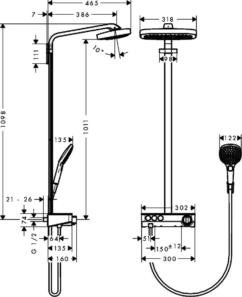 Габаритная схема Душевая стойка Hansgrohe Raindance Select E 27127000
