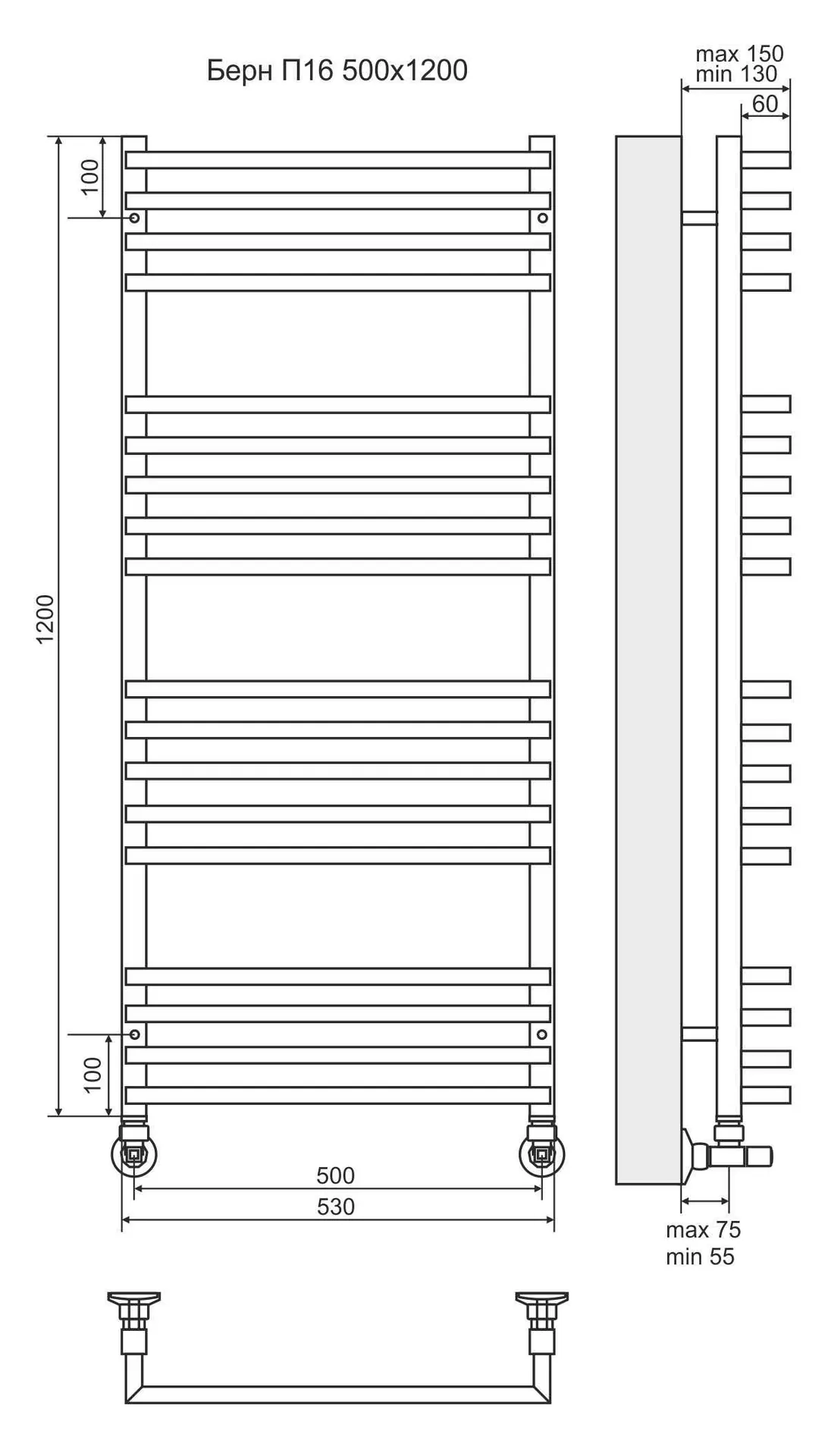 Габаритная схема Полотенцесушитель водяной Terminus Берн П16 50х100