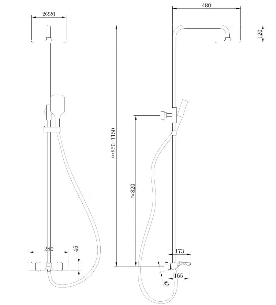 Габаритная схема Душевая стойка Abber Thermostat AF8516B