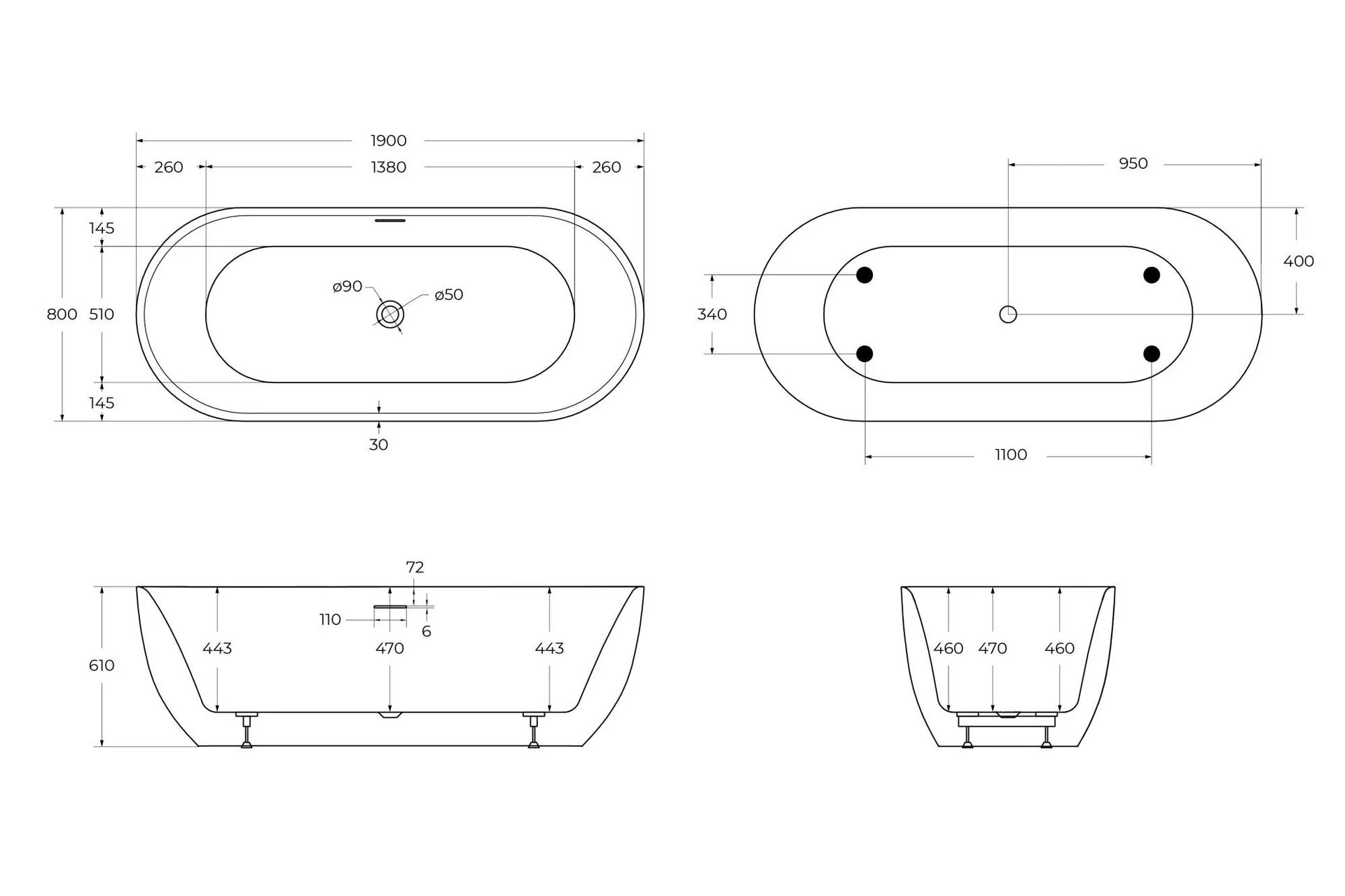 Габаритная схема Акриловая ванна BelBagno BB417-1900-800 190x80