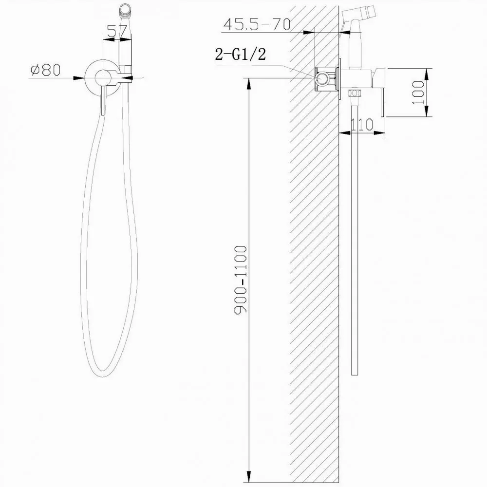 Габаритная схема Гигиенический душ Abber Wasser Kreis AF8125NG со смесителем, никель