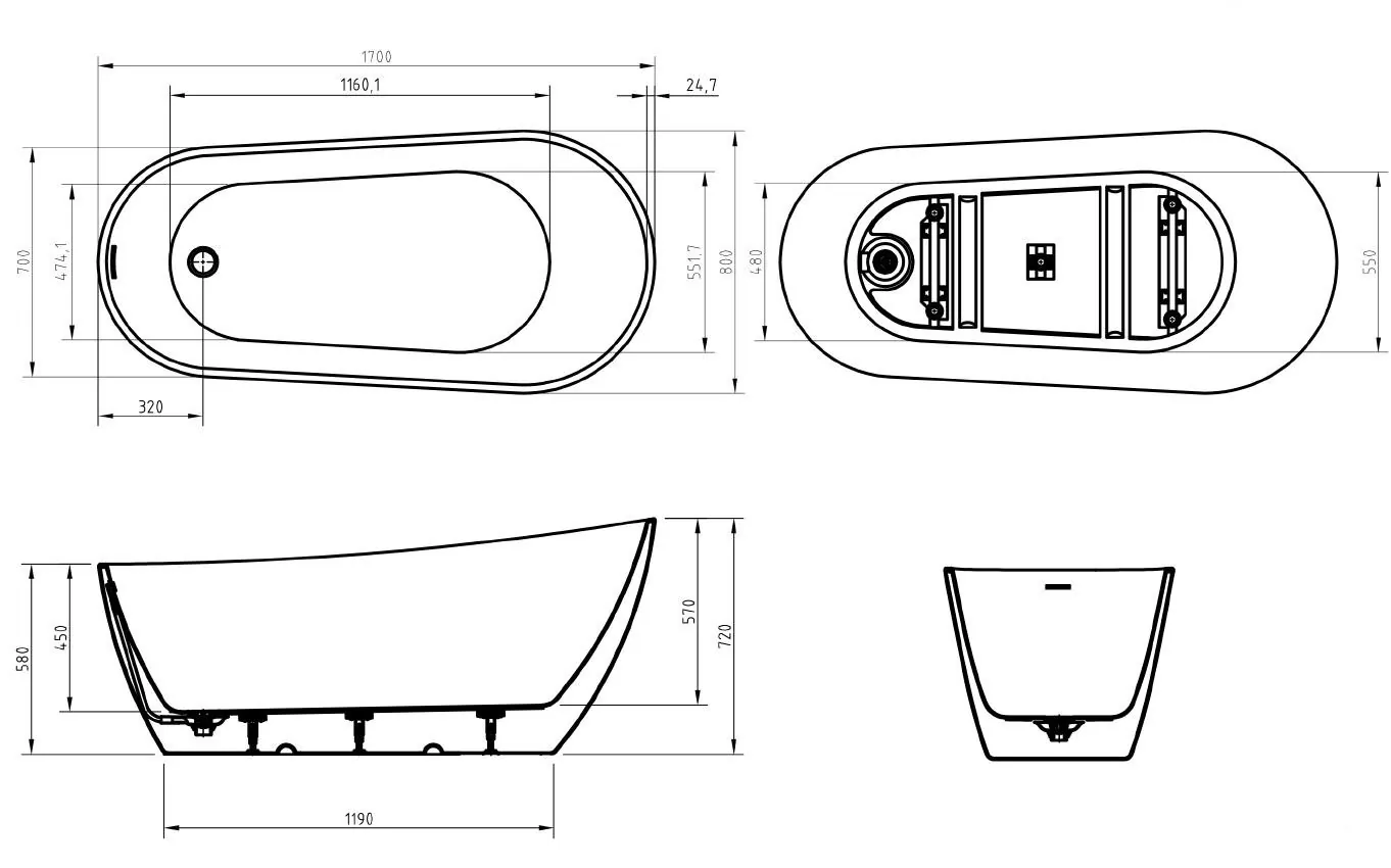 Габаритная схема Акриловая ванна BelBagno BB704-1700-800-K 170x80