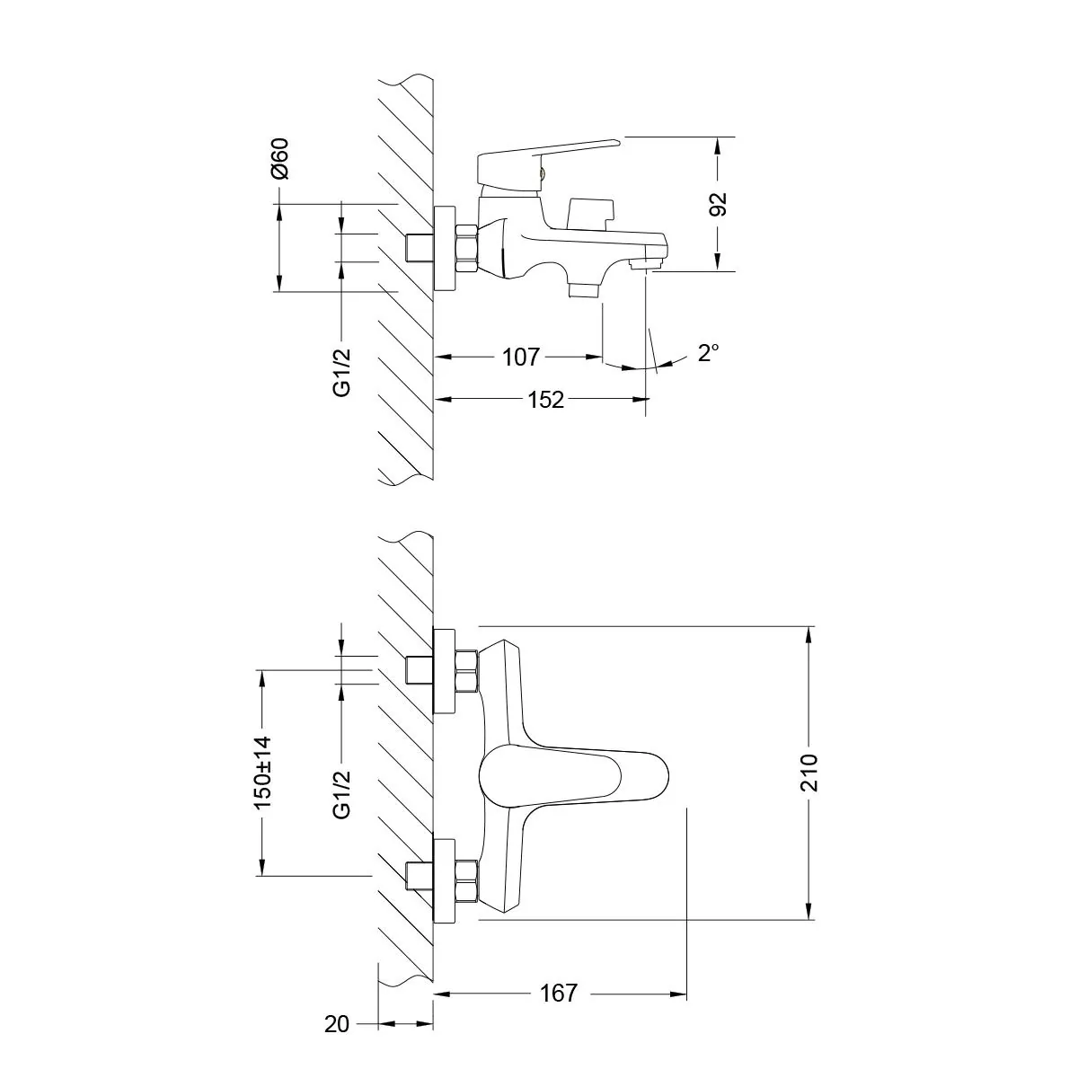 Габаритная схема Смеситель Lemark Point LM0314C для ванны с душем