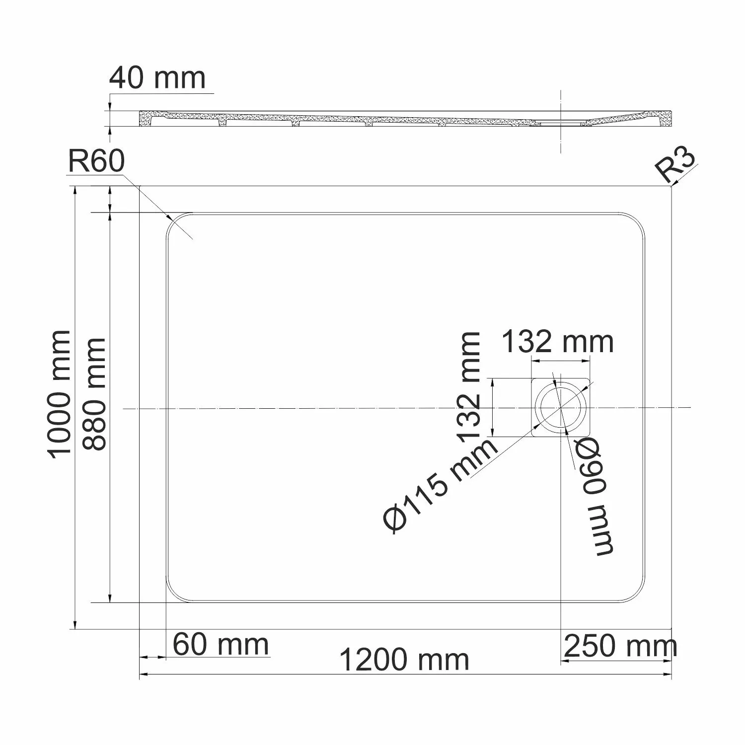 Габаритная схема Поддон для душа Wasserkraft Rhin 44T10 120x100