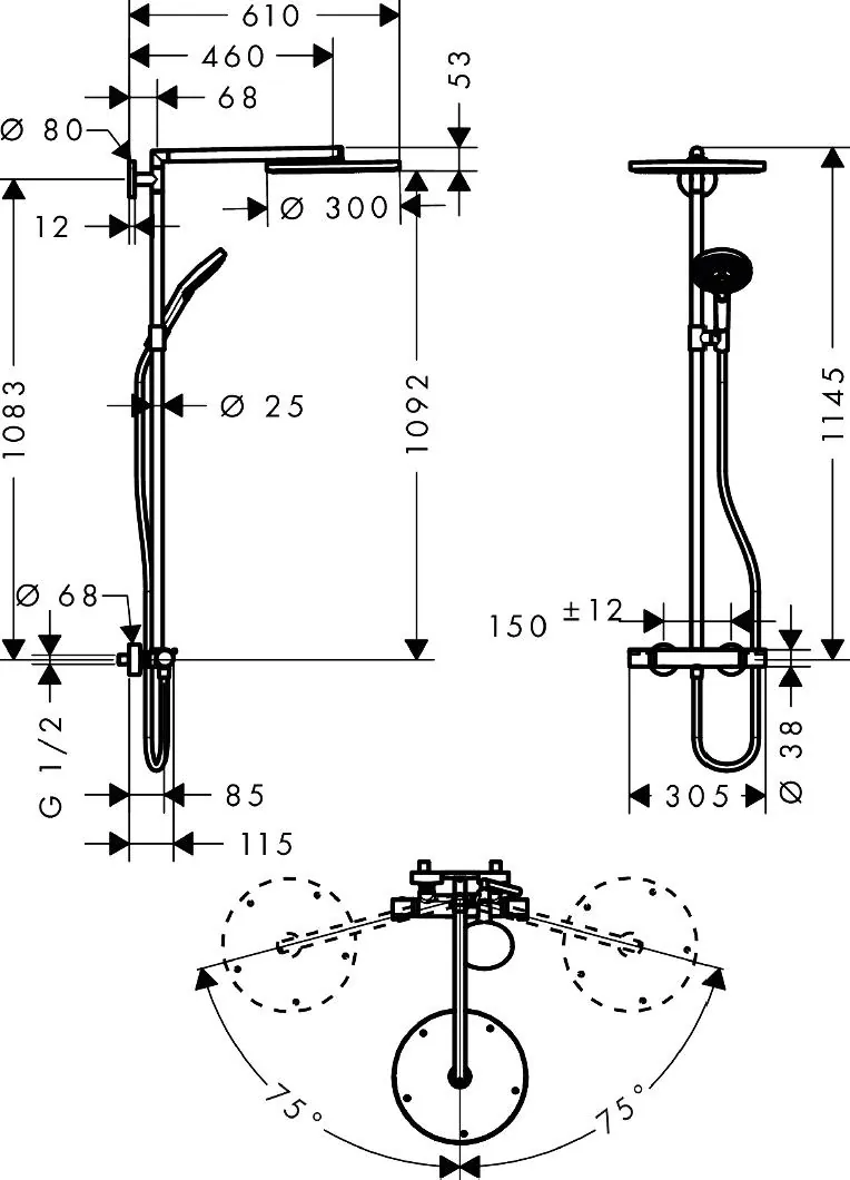 Габаритная схема Душевая стойка Hansgrohe Raindance Select S 27114000