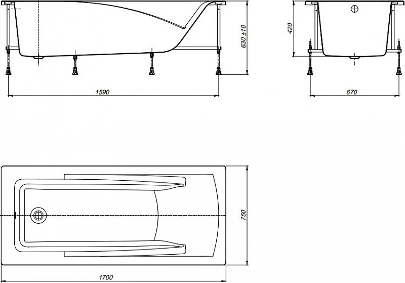 Габаритная схема Акриловая ванна Roca Hall 170x75