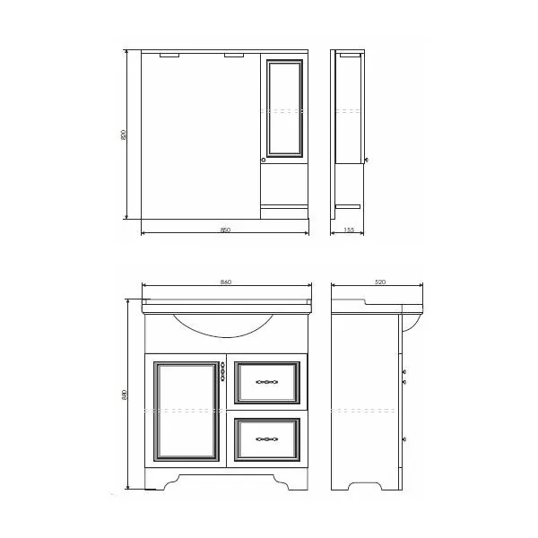 Габаритная схема Тумба с раковиной Comforty Севилья 85 слоновая кость