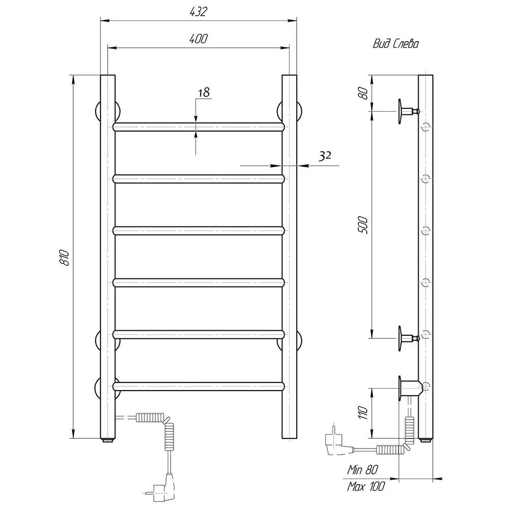 Габаритная схема Полотенцесушитель электрический Domoterm Классик 40x80 L