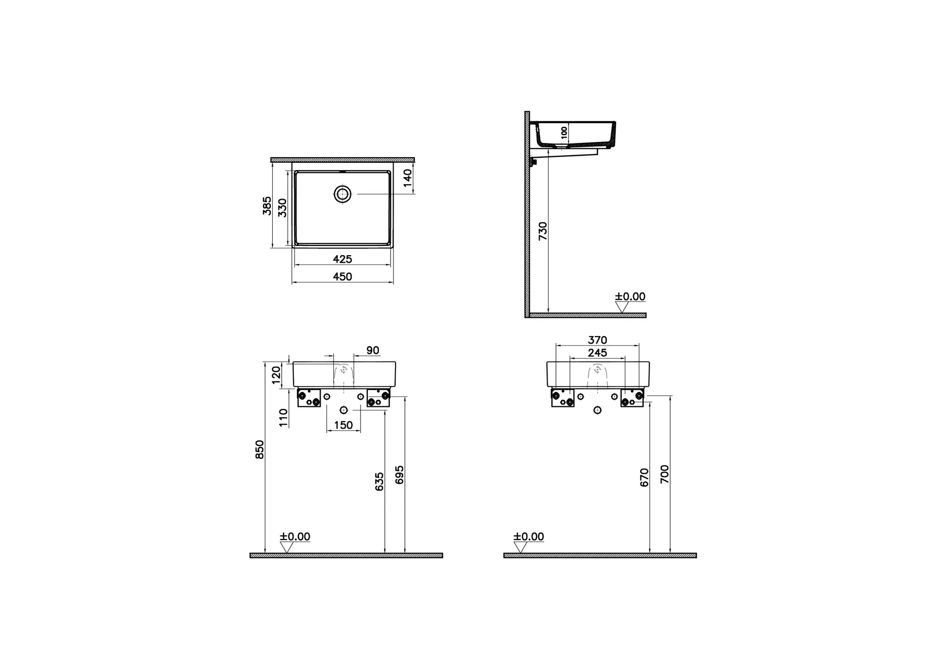 Габаритная схема Раковина Vitra ArchiPlan 7403B003-0012 45 см