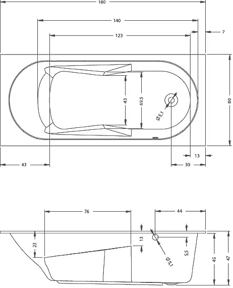 Габаритная схема Акриловая ванна Riho Bathtubs Lazy 180х80 R