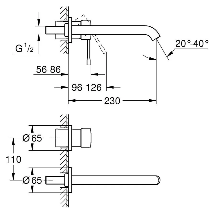 Габаритная схема Смеситель Grohe Essence New 19967001 для раковины