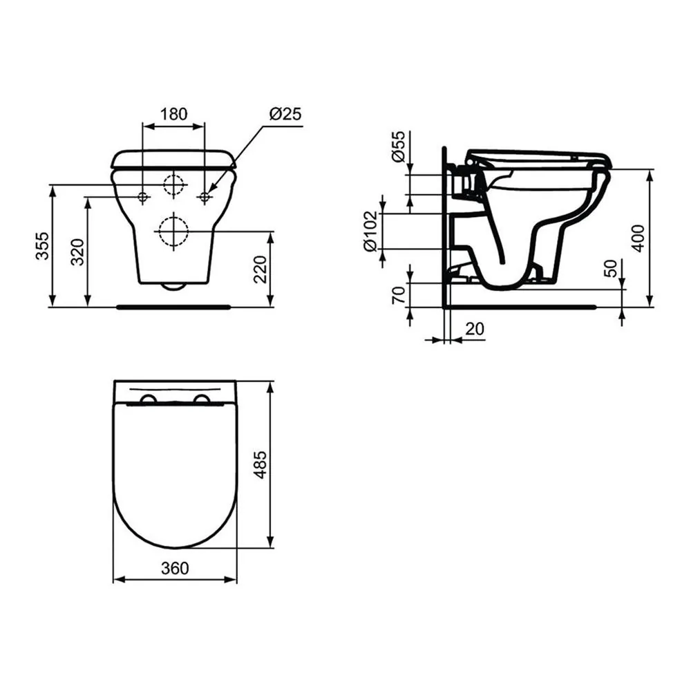 Габаритная схема Унитаз подвесной Ideal Standard Exacto R002601
